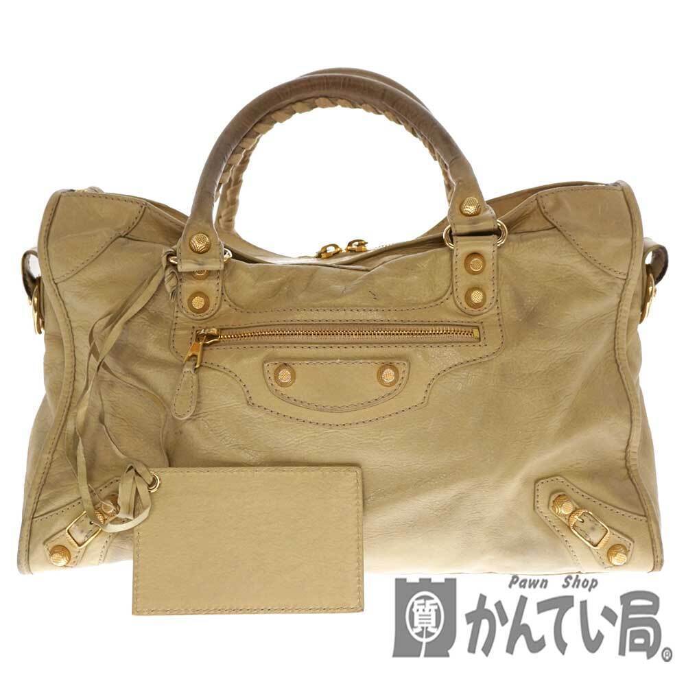 BALENCIAGA Giant City Leather Handbag Shoulder Bag Beige Strap